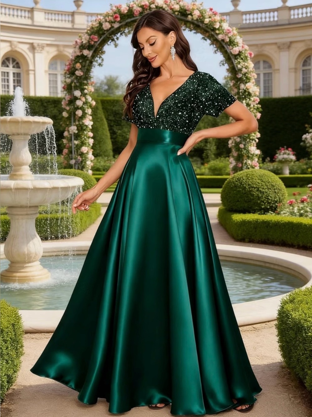 Gold Sequin Bodice Champagne Satin Ball Gown with a back zip